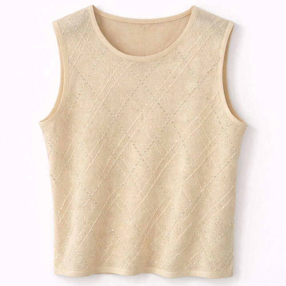 Lord & Taylor Beaded Knit Tank Top Embroidered Sleeveless Ivory Size 14P